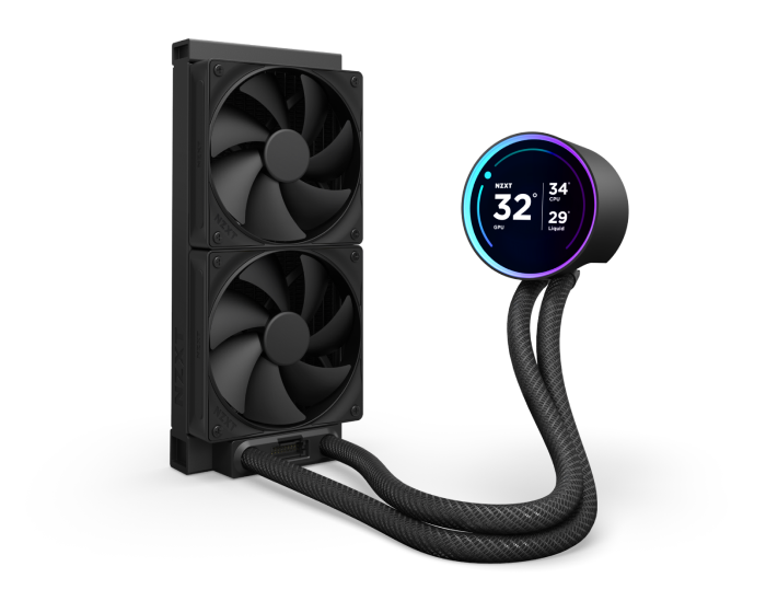 A computer liquid cooling system with two large black fans, braided tubes, and a circular digital display showing temperature and performance data in white and blue on a black background.