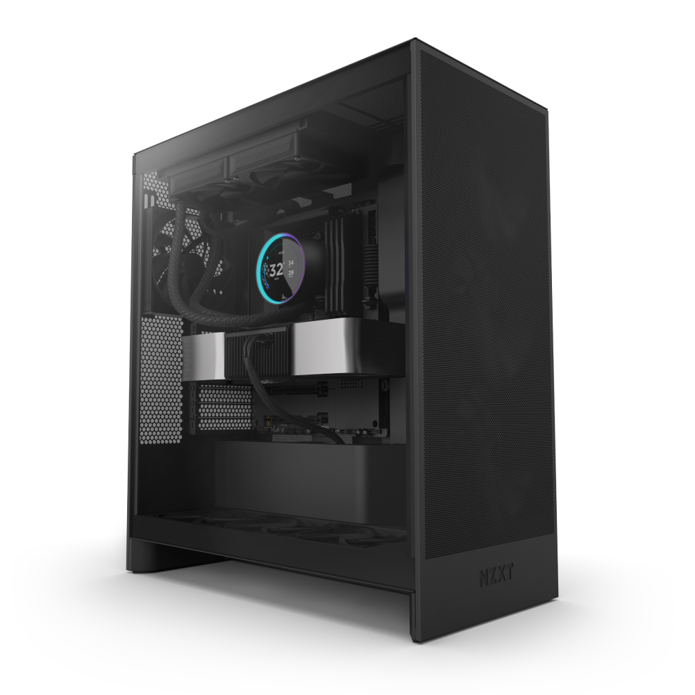 A black NZXT case with a transparent side panel showcases internal components, featuring the NZXT Kraken Elite 240 CPU cooler with a digital display, RGB ring fans, and neatly organized cables.