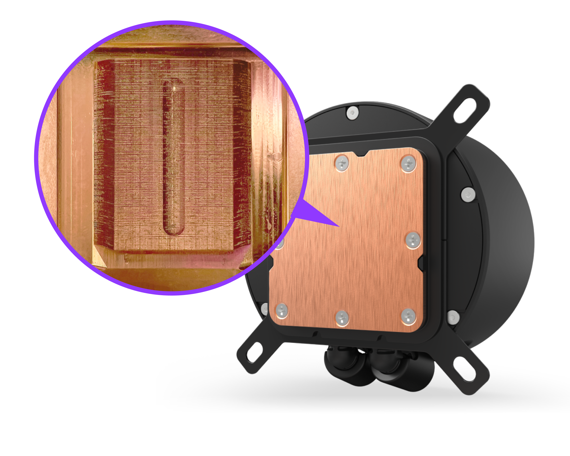 A round electronic device with a copper plate, shown in black and copper colors. A magnified inset highlights the textured copper surface with a central engraved groove.