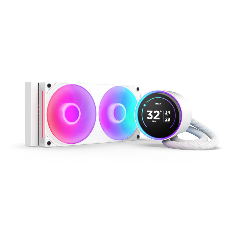 The NZXT Kraken Elite 240 RGB is a white liquid CPU cooler with dual RGB fans and a circular display showing 32°C, connected by white tubes. Its sleek design stands out on a transparent background.