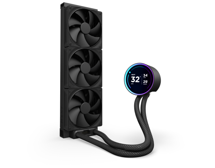 A computer liquid cooling system with three black radiator fans and a round digital display showing temperature, connected by braided hoses.