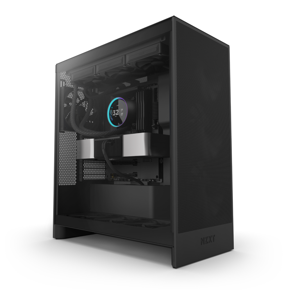 A black NZXT desktop case with a transparent side panel showcases the Kraken Elite 360 CPU cooler with RGB ring, visible graphics card, radiator, and cooling fans.