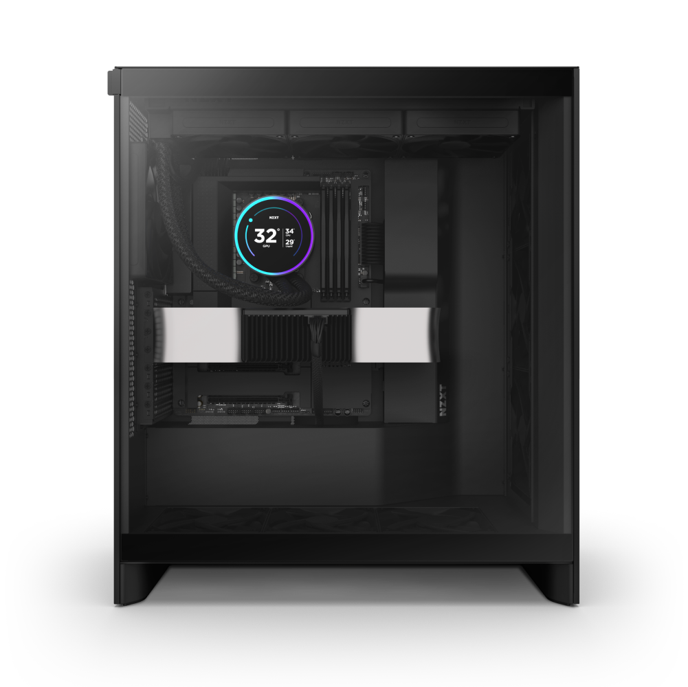 A black desktop case with a transparent side panel showcases internal components, including an NZXT Kraken Elite 360 CPU cooler with an RGB ring LCD showing “32°C”, tidy cables, and an NZXT graphics card.
