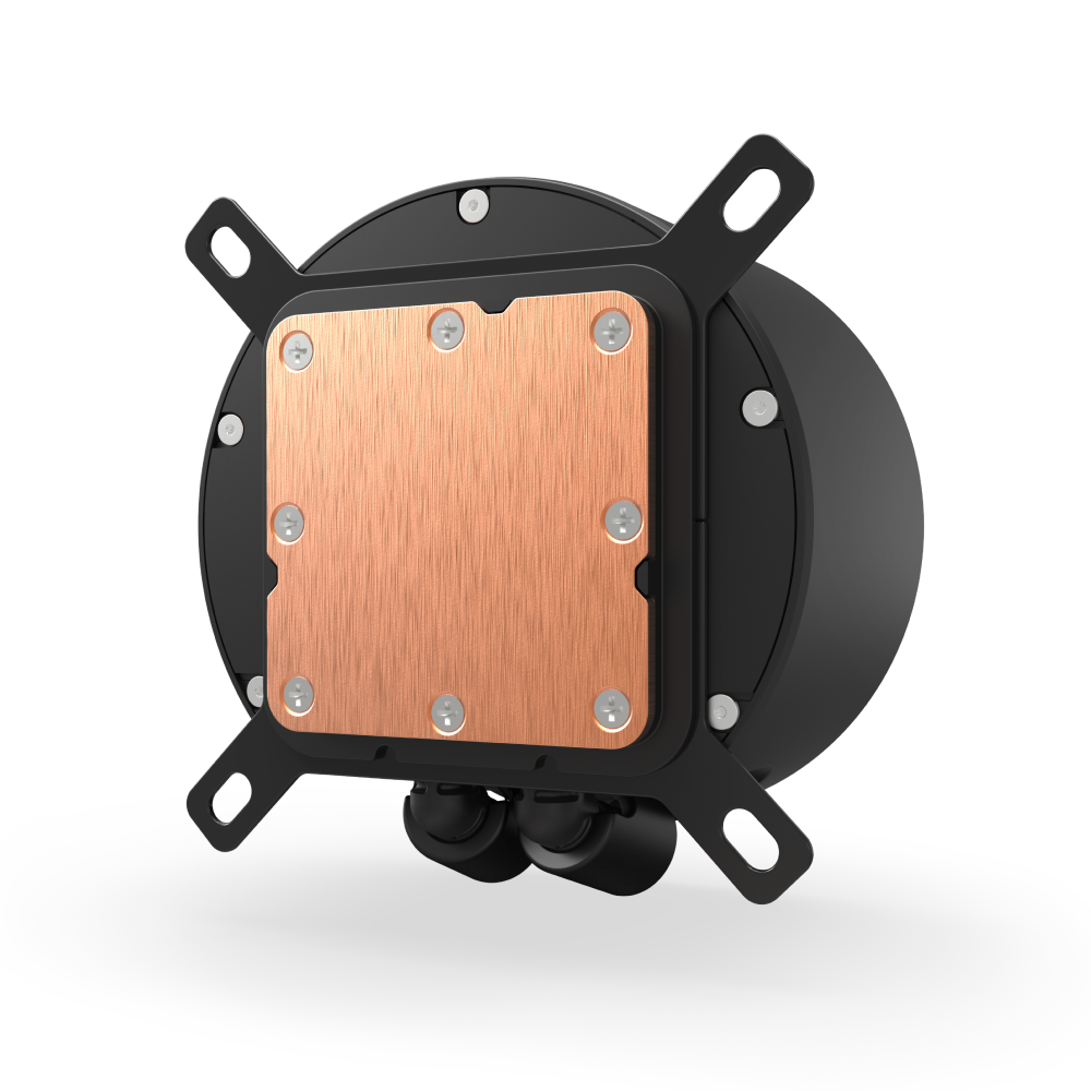 A close-up of the NZXT Kraken Elite 360 shows a square copper plate, black housing, RGB ring, and four mounting arms extending outward.