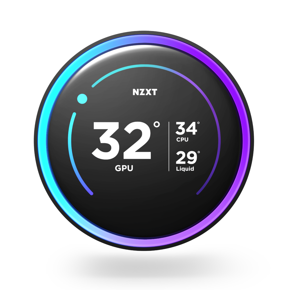 A circular digital gauge on the NZXT Kraken Elite 360 displays GPU at 32°C, CPU at 34°C, and liquid at 29°C, all surrounded by a vibrant RGB ring and a glowing blue and purple border.