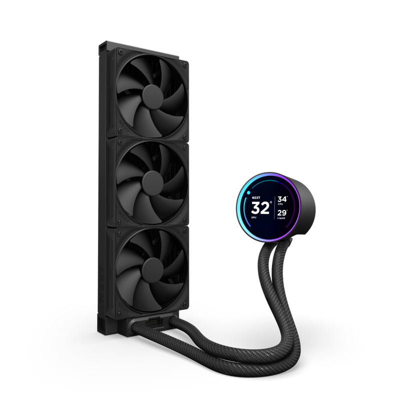 Il NZXT Kraken Elite 360 è un dissipatore a liquido per CPU con tre grandi ventole nere su un radiatore, tubi intrecciati e una testa della pompa circolare con anello RGB, display digitale della temperatura e pompa NZXT Turbine per un raffreddamento efficiente.