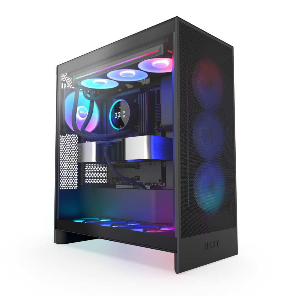 A modern NZXT gaming PC in a sleek black tower case features a transparent side panel, RGB-lit cooling fans, and the Kraken Elite 360 RGB CPU cooler with an RGB screen.