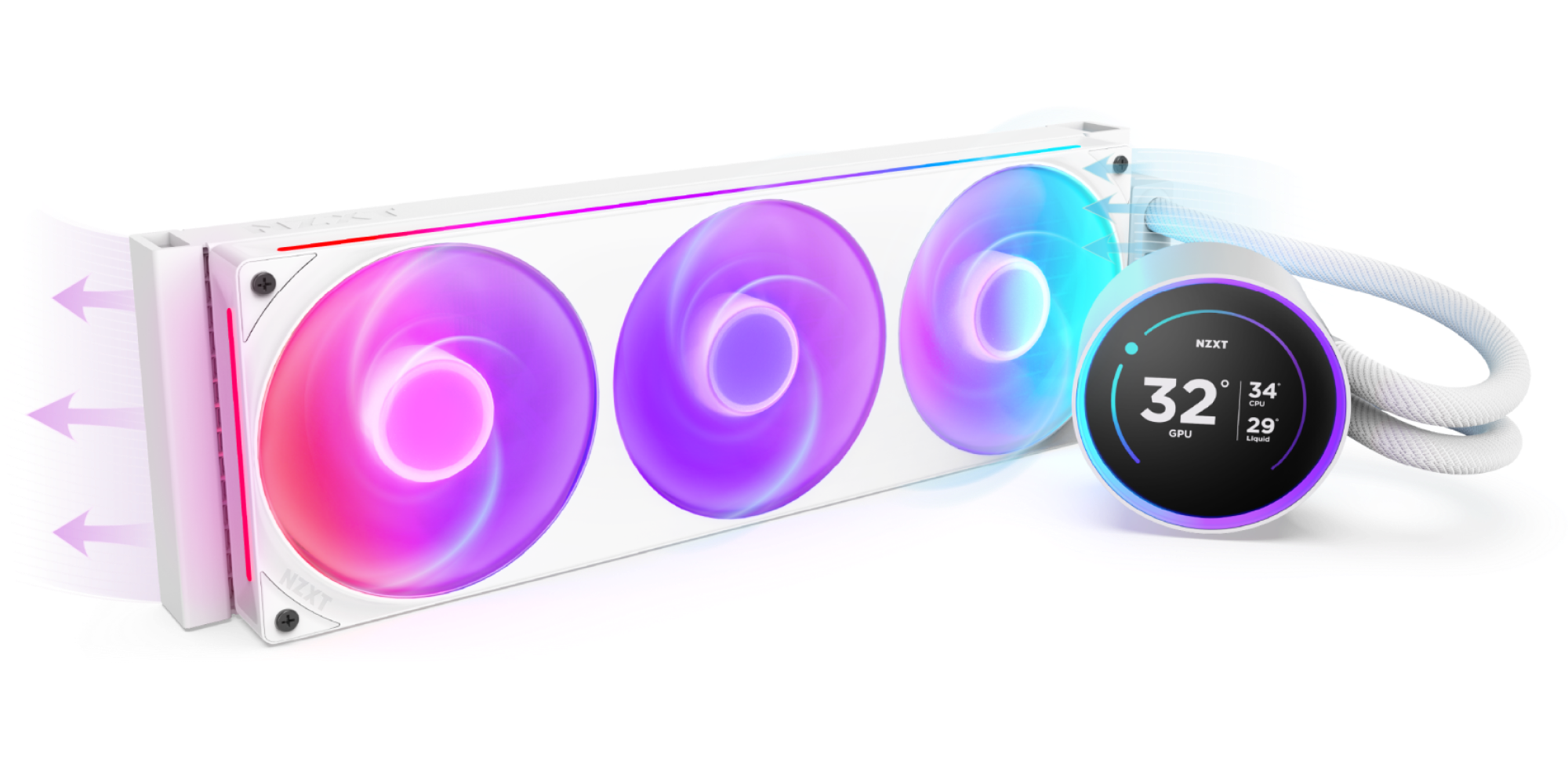 A white liquid CPU cooler with three RGB fans and a round digital display showing the CPU temperature at 32°C, featuring purple and blue lighting effects.