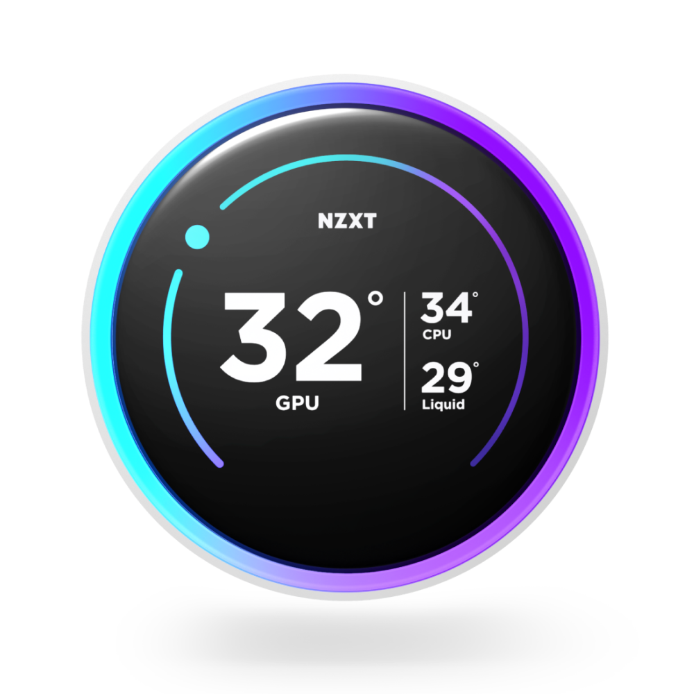 The NZXT Kraken Elite 360 RGB’s circular digital gauge with an RGB screen displays GPU at 32°C, CPU at 34°C, and liquid at 29°C, surrounded by a blue-purple gradient ring and featuring the NZXT logo.
