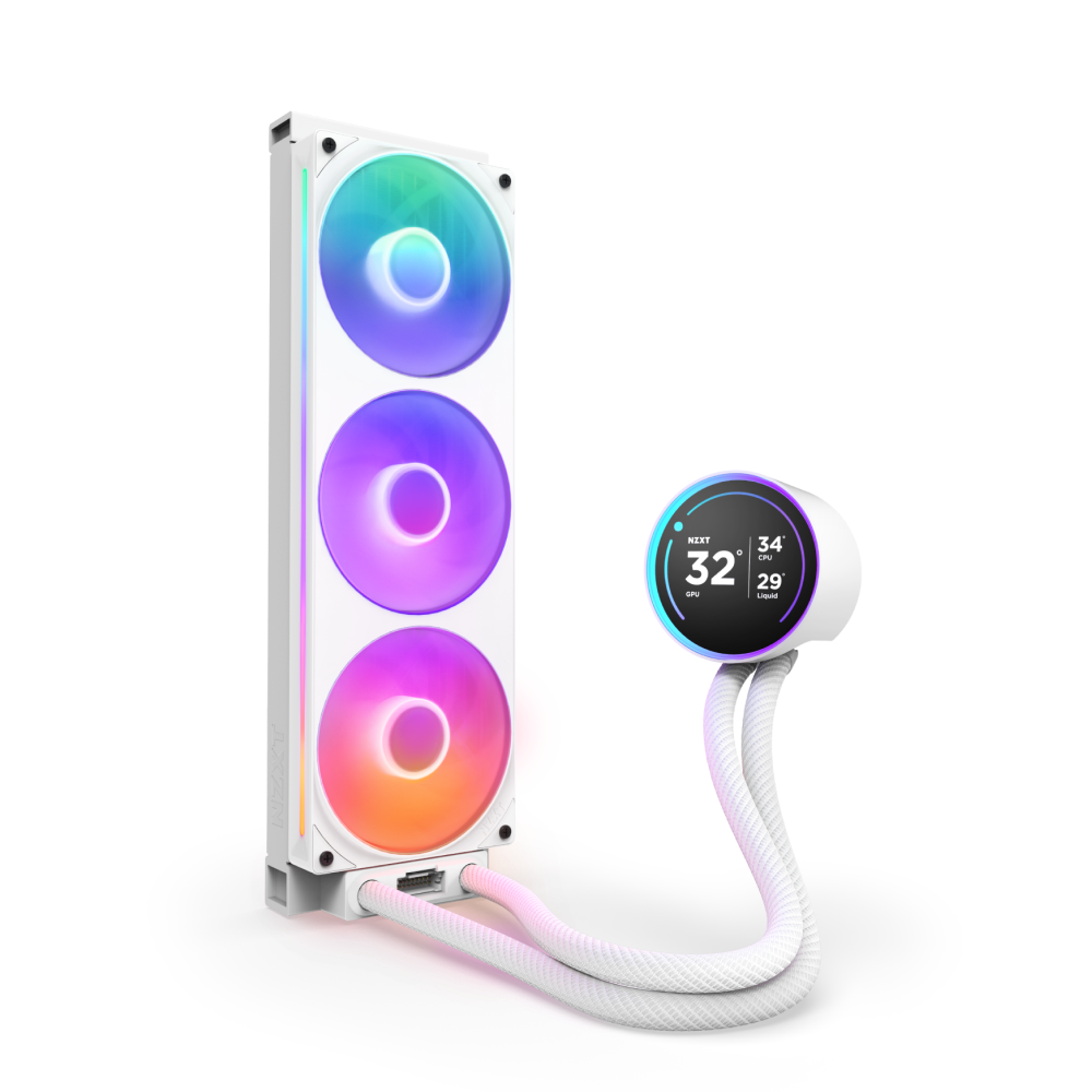 The NZXT Kraken Elite 360 RGB in white features three RGB-lit fans, an RGB display for temps and fan speed, two braided tubes, and a powerful Turbine pump.