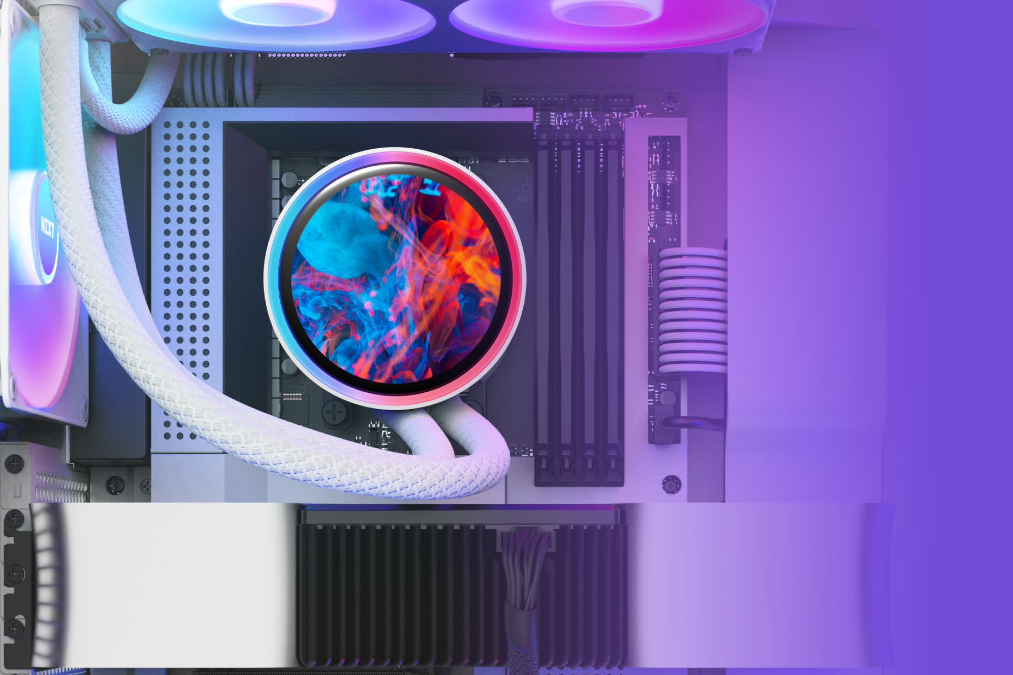 A close-up of a computers interior shows RGB-lit cooling fans, a circular CPU cooler with a colorful swirling display, white braided cables, and RAM sticks, all illuminated by vibrant purple lighting.