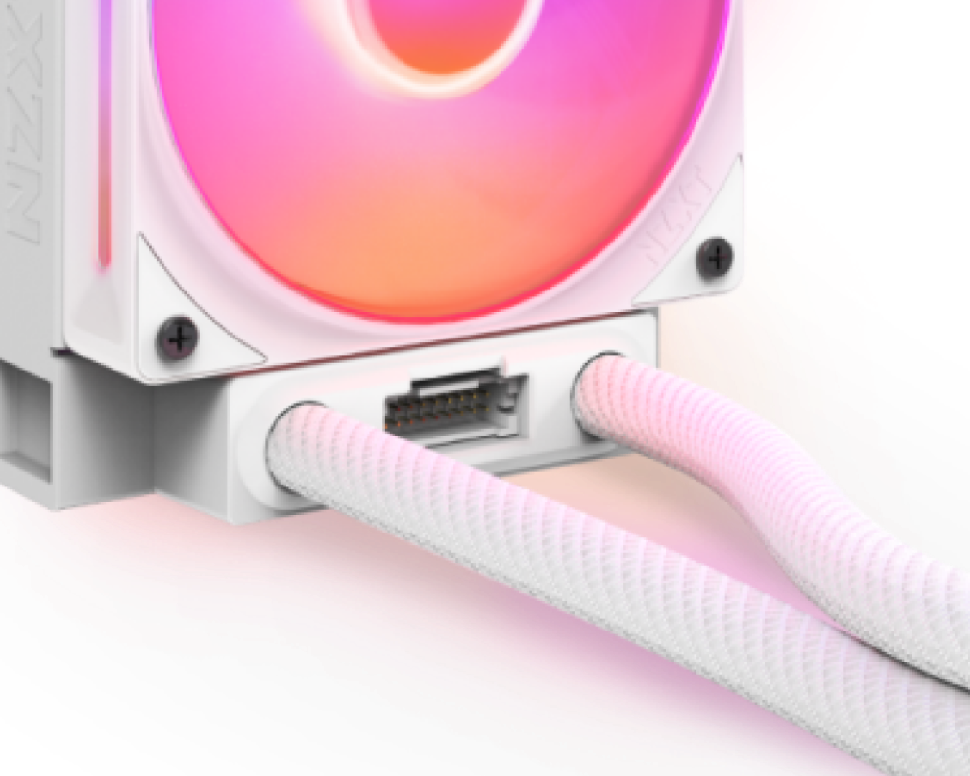 Close-up of a white NZXT computer cooling fan with RGB lighting, showing braided cables connected to the device and a visible connector port beneath the fan.