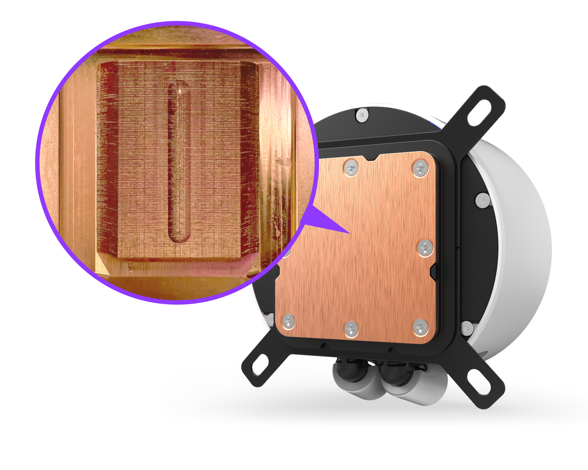 A close-up view of a copper CPU cooler base, with a magnified inset showing detailed grooves or channels in the copper surface.