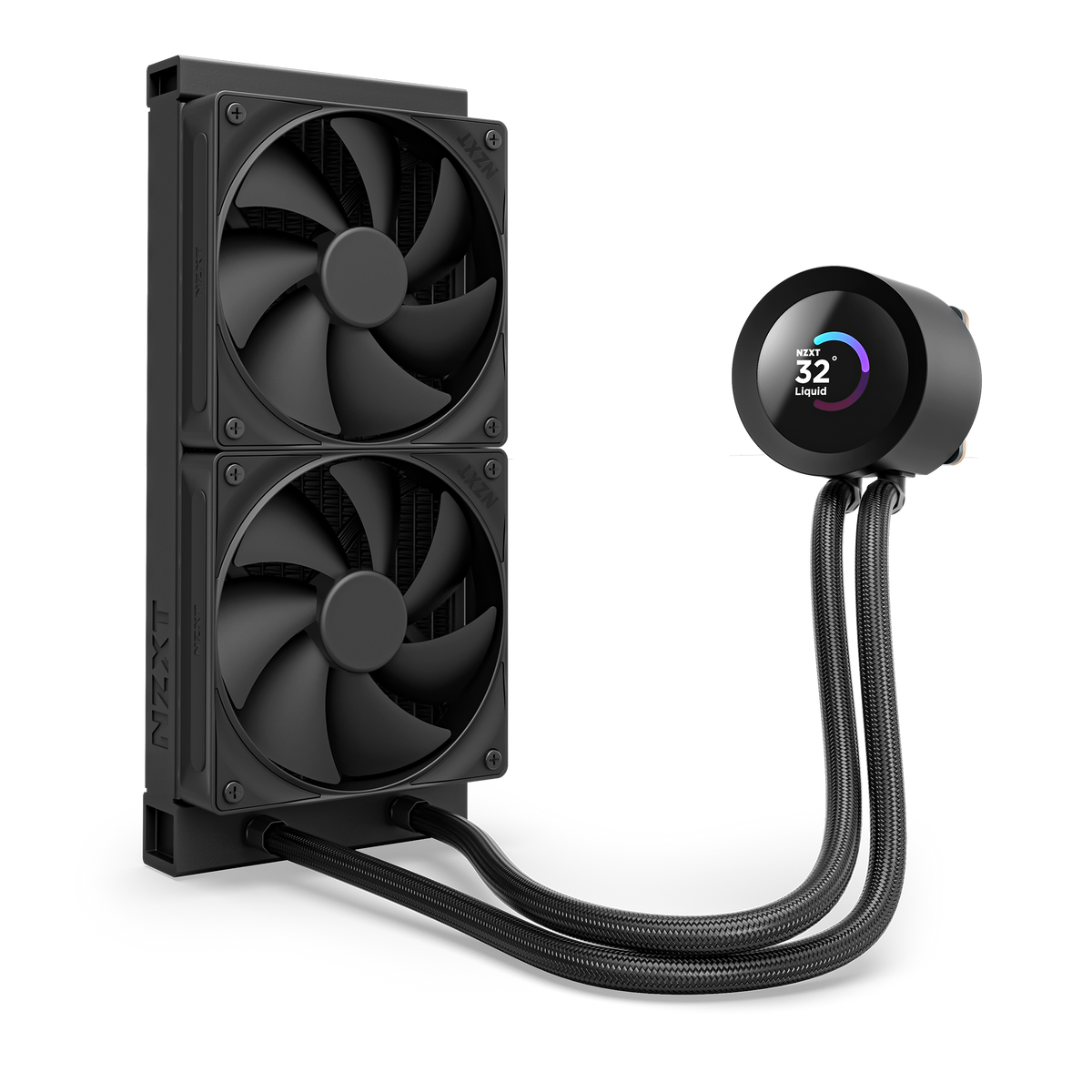 NZXT Kraken Plus 240 black, mounted vertically to show the radiator and braided tubing