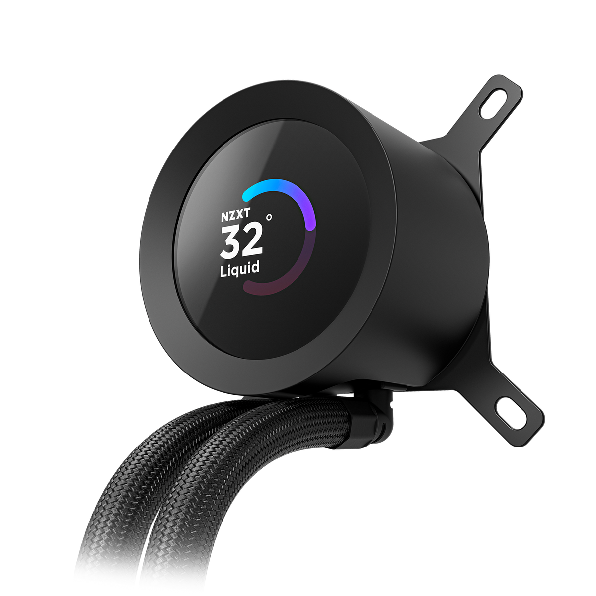 NZXT Kraken Plus 360 RGB black, angled view of the pump cap with the mounting bracket fitted