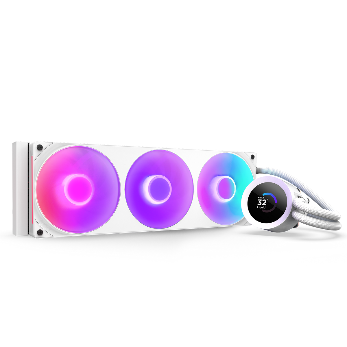 NZXT Kraken Plus 360 RGB white, hero angle of the radiator, pump and braided tubing with RGB lighting on