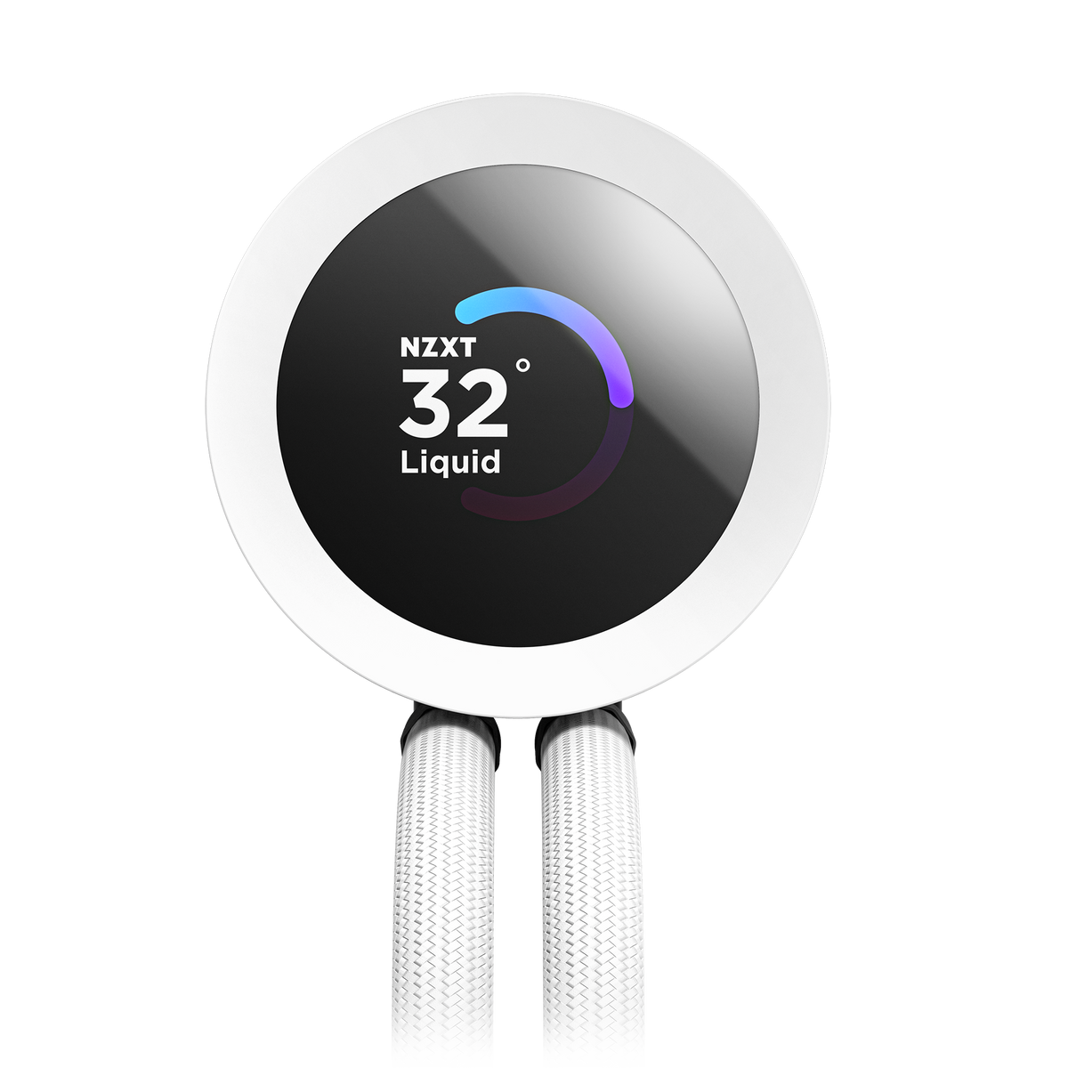 NZXT Kraken Plus 360 RGB white, front view of the pump cap and its round LCD display