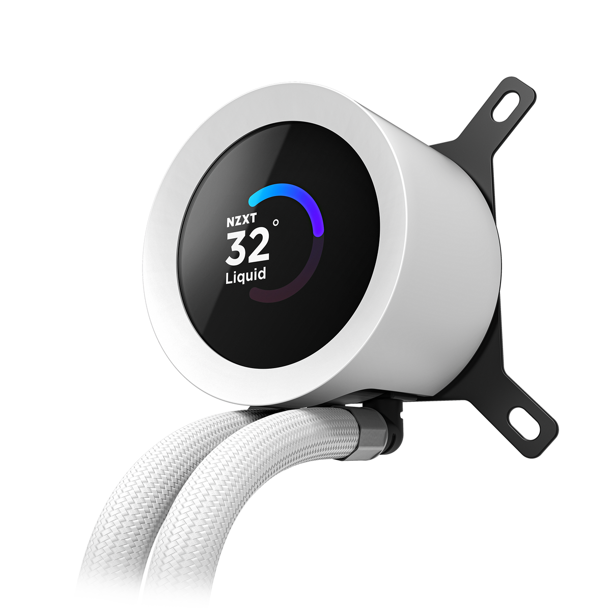 NZXT Kraken Plus 360 RGB white, angled view of the pump cap with the mounting bracket fitted
