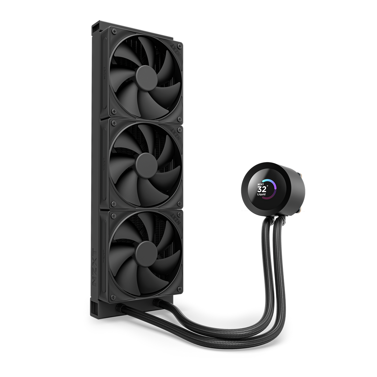 NZXT Kraken Plus 360 black, mounted vertically to show the radiator and braided tubing