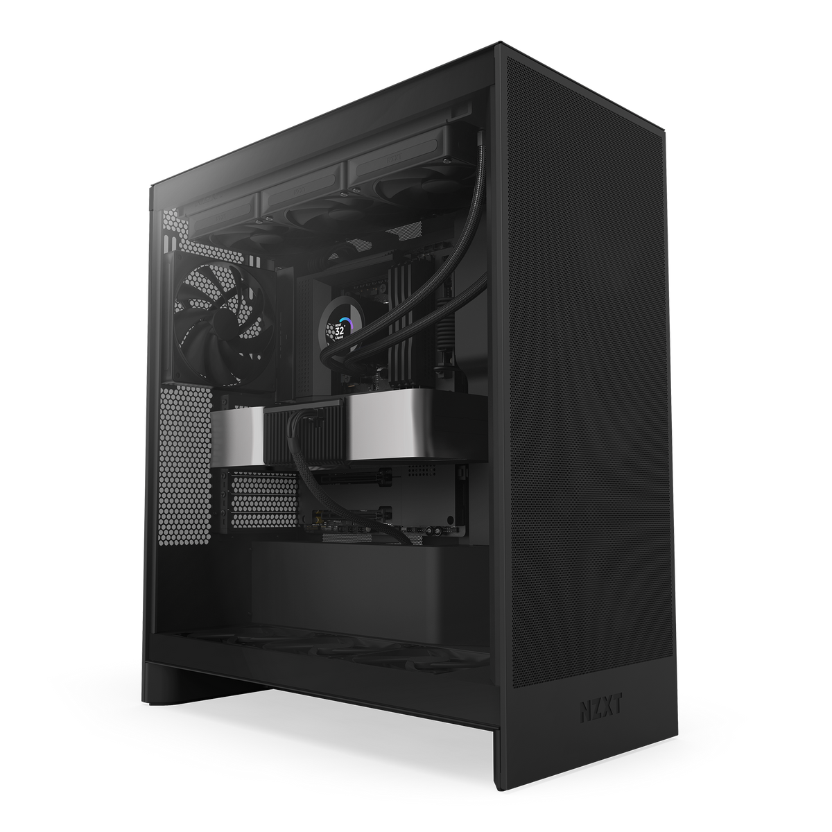 NZXT Kraken Plus 360 black shown in a completed build behind tempered glass. Components other than the cooler are sold separately.