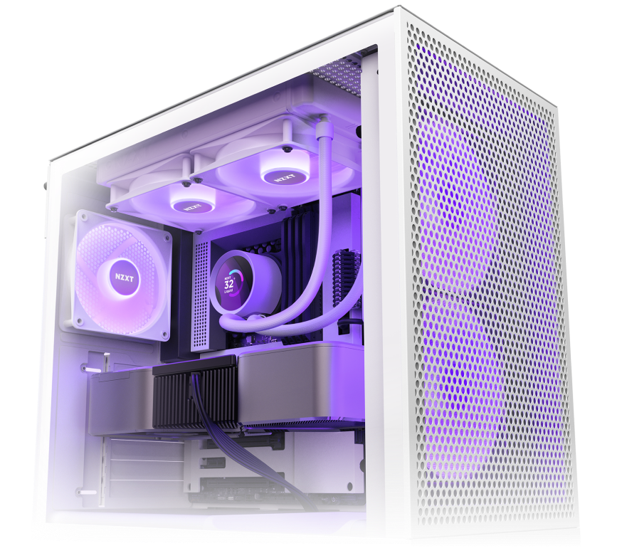 A white PC tower with a mesh front panel, visible internal components, and purple LED lighting illuminating the cooling fans and liquid cooler inside the case.
