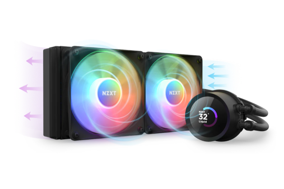 A liquid CPU cooler from NZXT with two RGB-lit fans mounted on a radiator, showing airflow direction with colored arrows and a circular display on the pump indicating a temperature of 32°C.