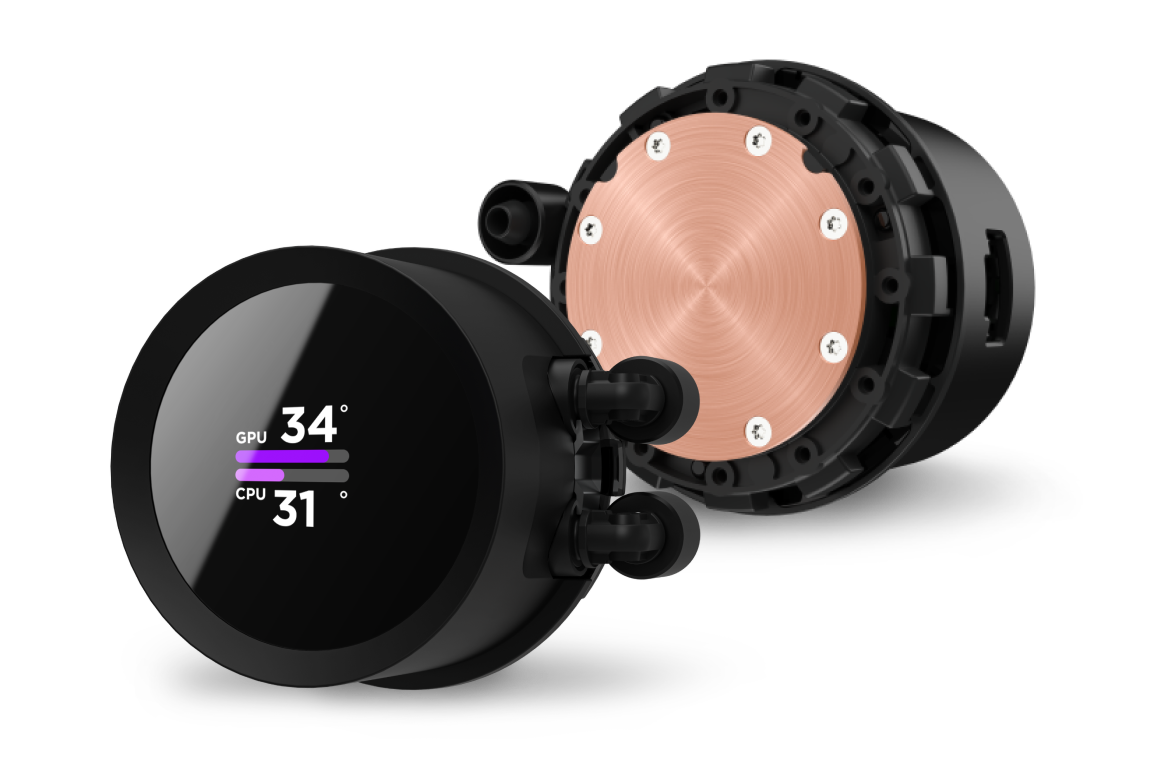 Two black cylindrical liquid cooling components for a computer are shown; one displays temperature readings for GPU (34°C) and CPU (31°C) on a round digital screen, and the other shows a copper contact plate.