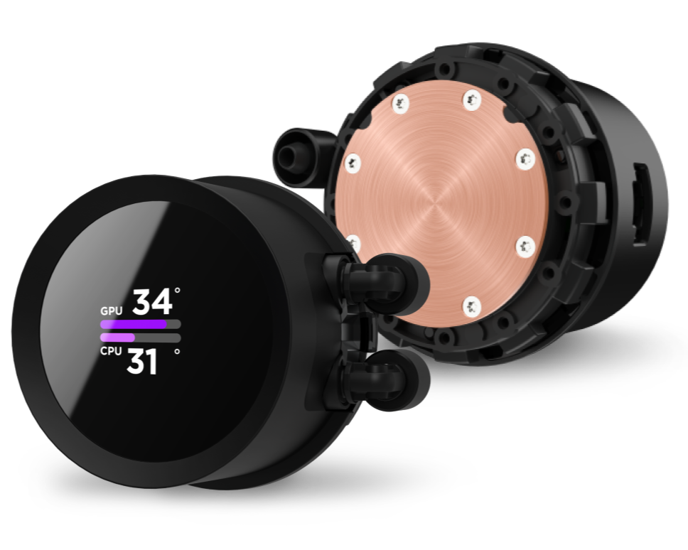 A black computer liquid cooling pump with a circular digital display showing GPU and CPU temperatures, and a copper base with screws visible on the opposite side.