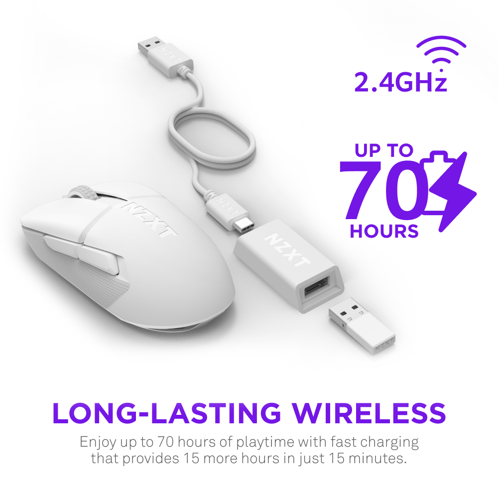The NZXT Lift Elite Wireless mouse is shown in white with a USB dongle and charging cable. Text highlights its ultra-lightweight build, 2.4GHz connection, up to 70 hours battery life, and fast charging. Headline: LONG-LASTING WIRELESS.
