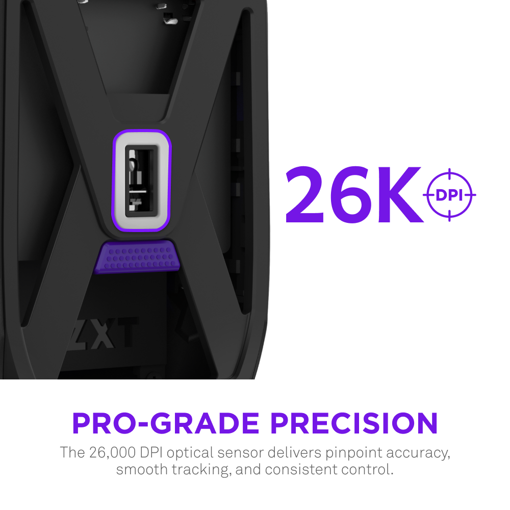 Close-up of the NZXT Lift Elite Wireless, a black gaming mouse with a purple USB port. Text reads “26K DPI Sensor.” Below: Ultra-lightweight design ensures comfort, and the 26,000 DPI sensor delivers pro-grade precision and control.