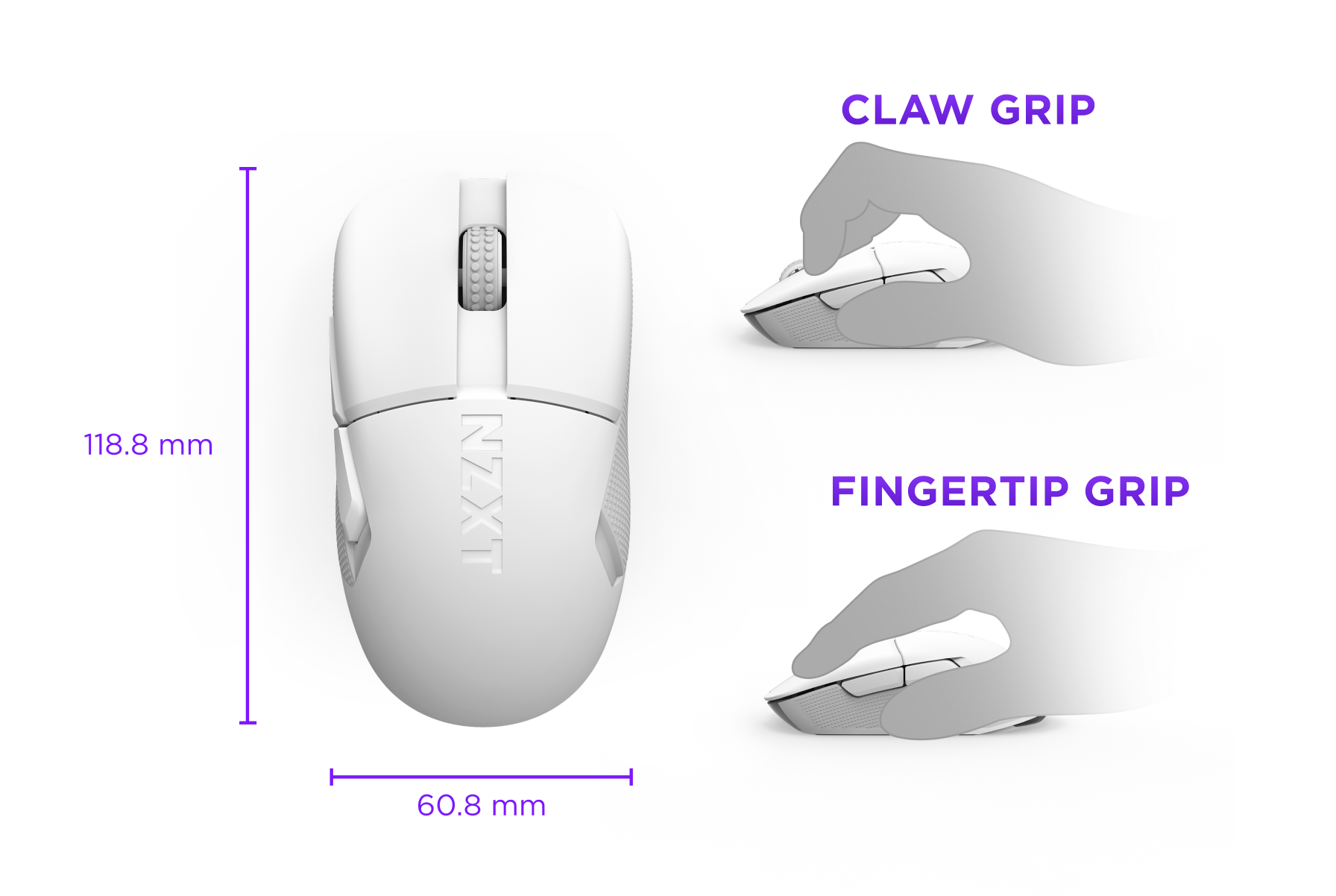 A white NZXT mouse with dimensions 118.8 mm x 60.8 mm is shown. To the right, diagrams illustrate two hand positions: claw grip (fingers arched) and fingertip grip (fingertips touching mouse).