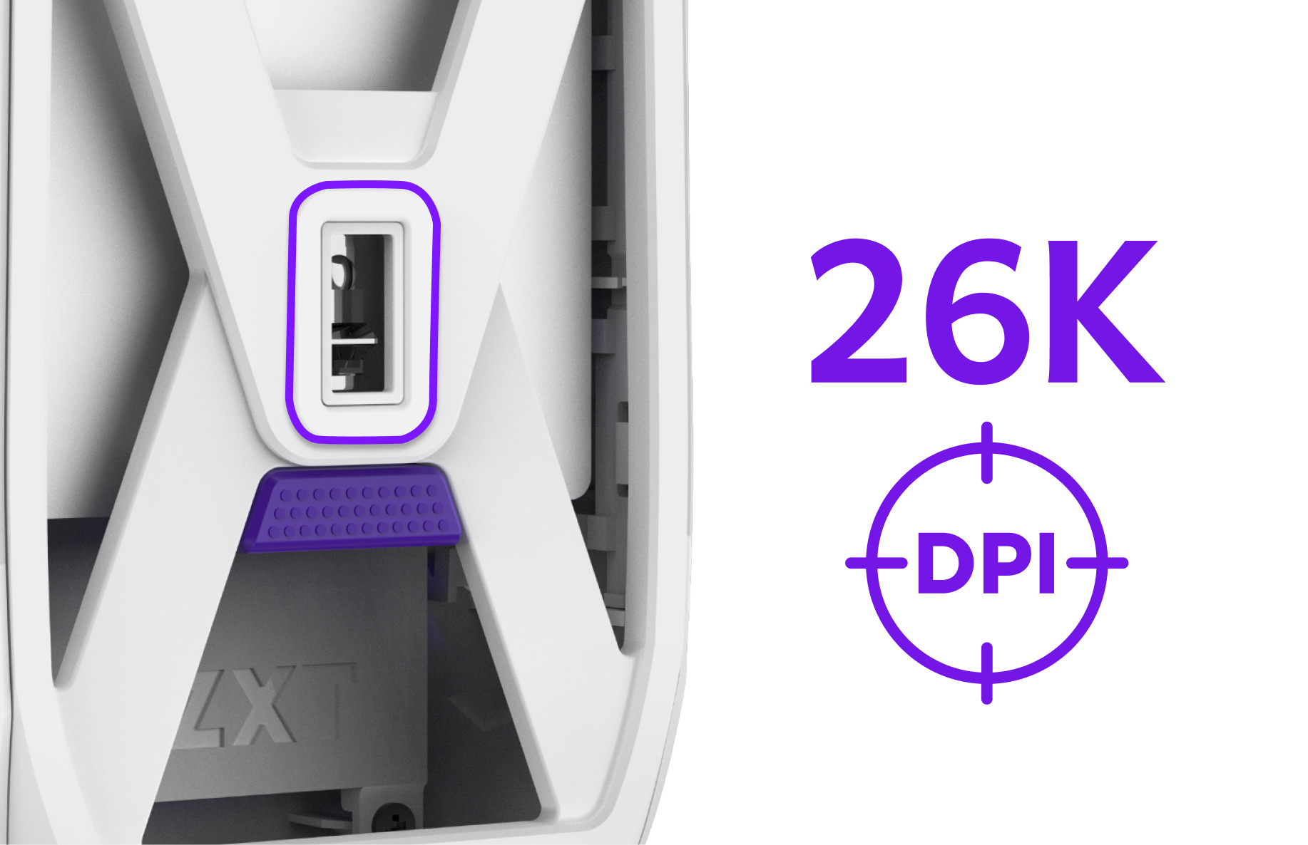 Close-up of a white device featuring a USB port outlined in purple. Next to it, large purple text reads 26K DPI with a target icon encircling DPI. The lower part of the device has NZXT embossed.