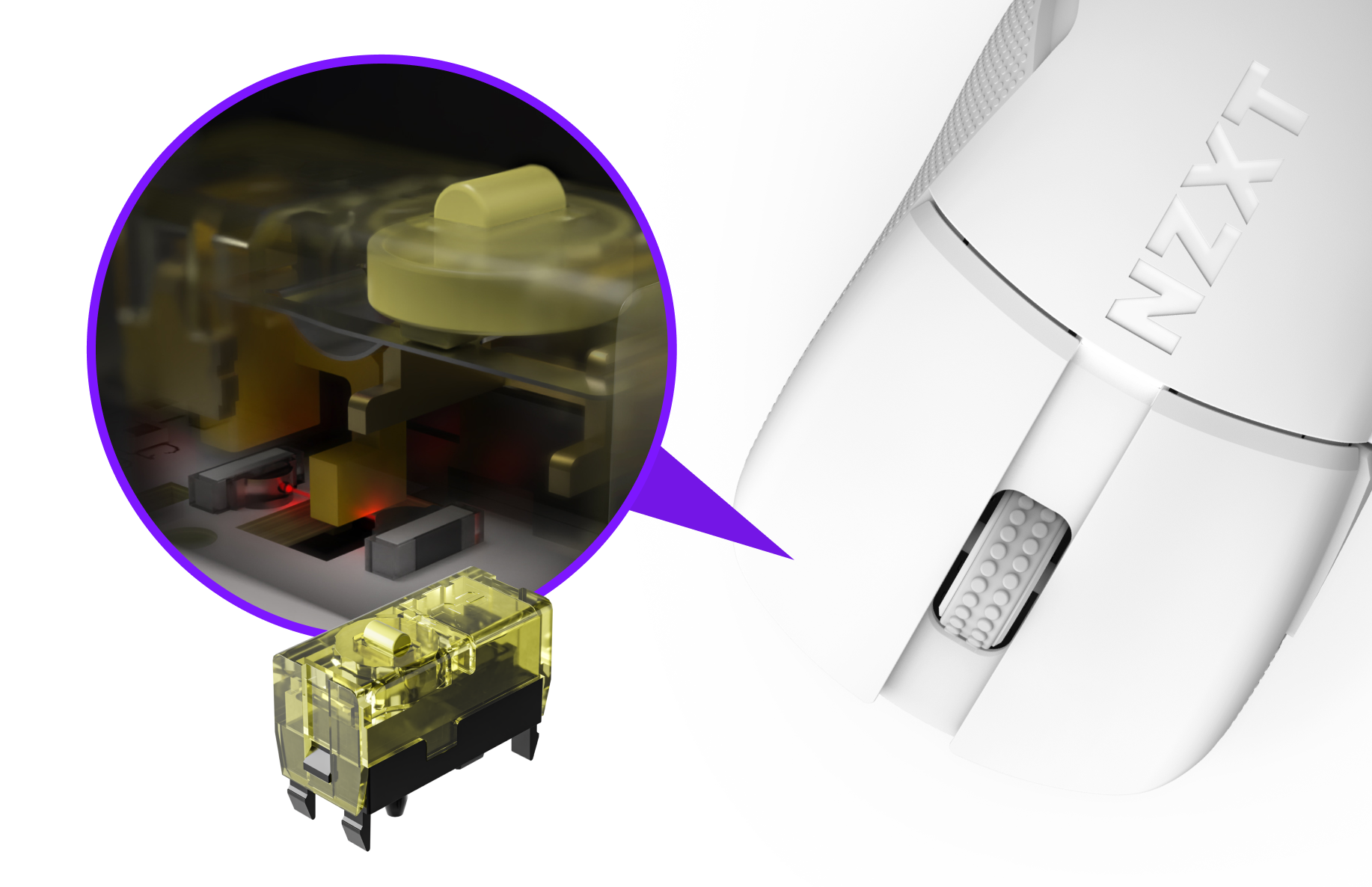 Close-up of a white NZXT computer mouse with a detailed inset showing the internal yellow switch mechanism and a standalone view of the same switch below the inset.
