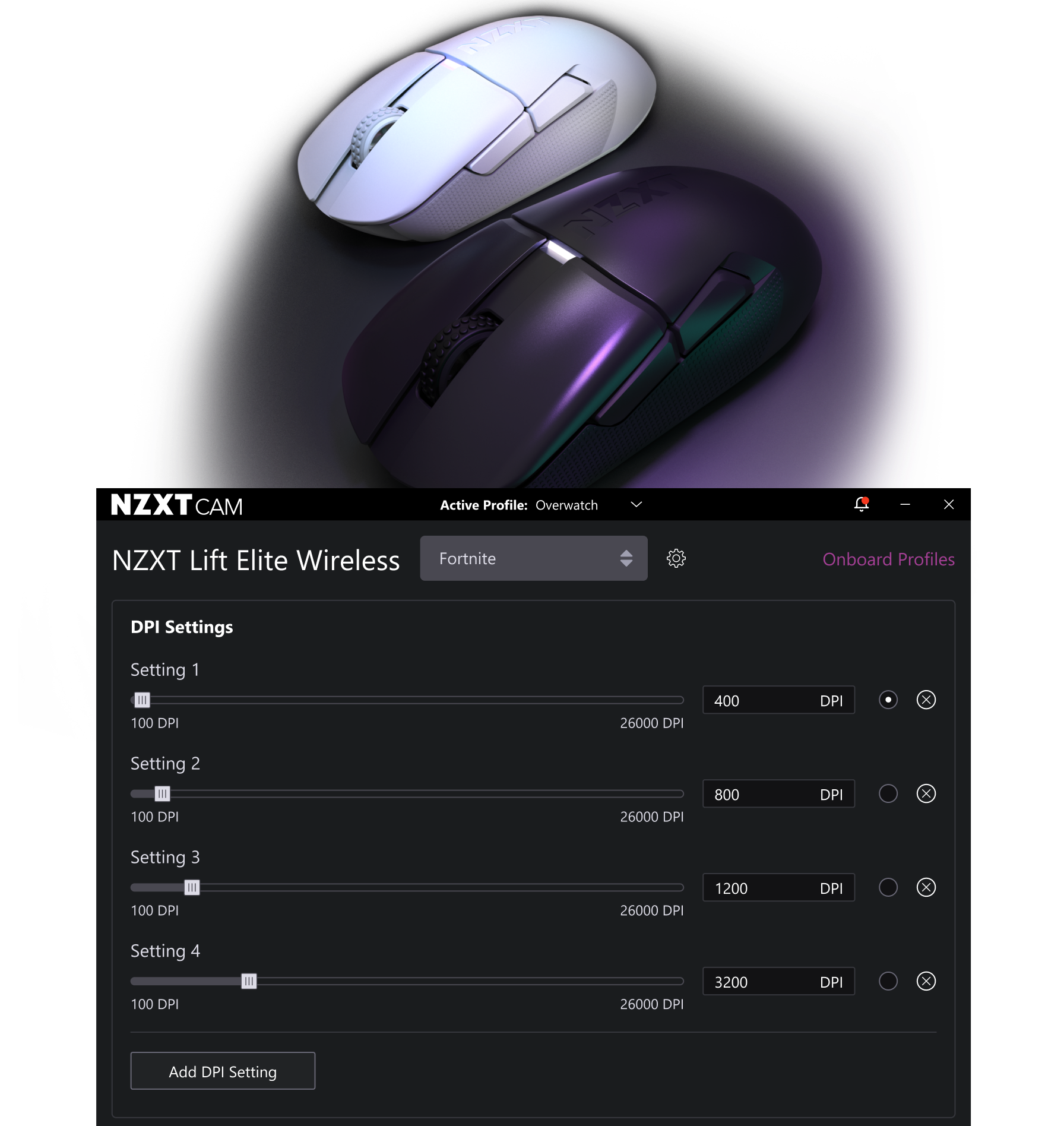 Two gaming mice, one white and one black, are displayed above a software interface showing NZXT CAM DPI settings for the Lift Elite Wireless mouse, with four customizable DPI options and an active Fortnite profile.