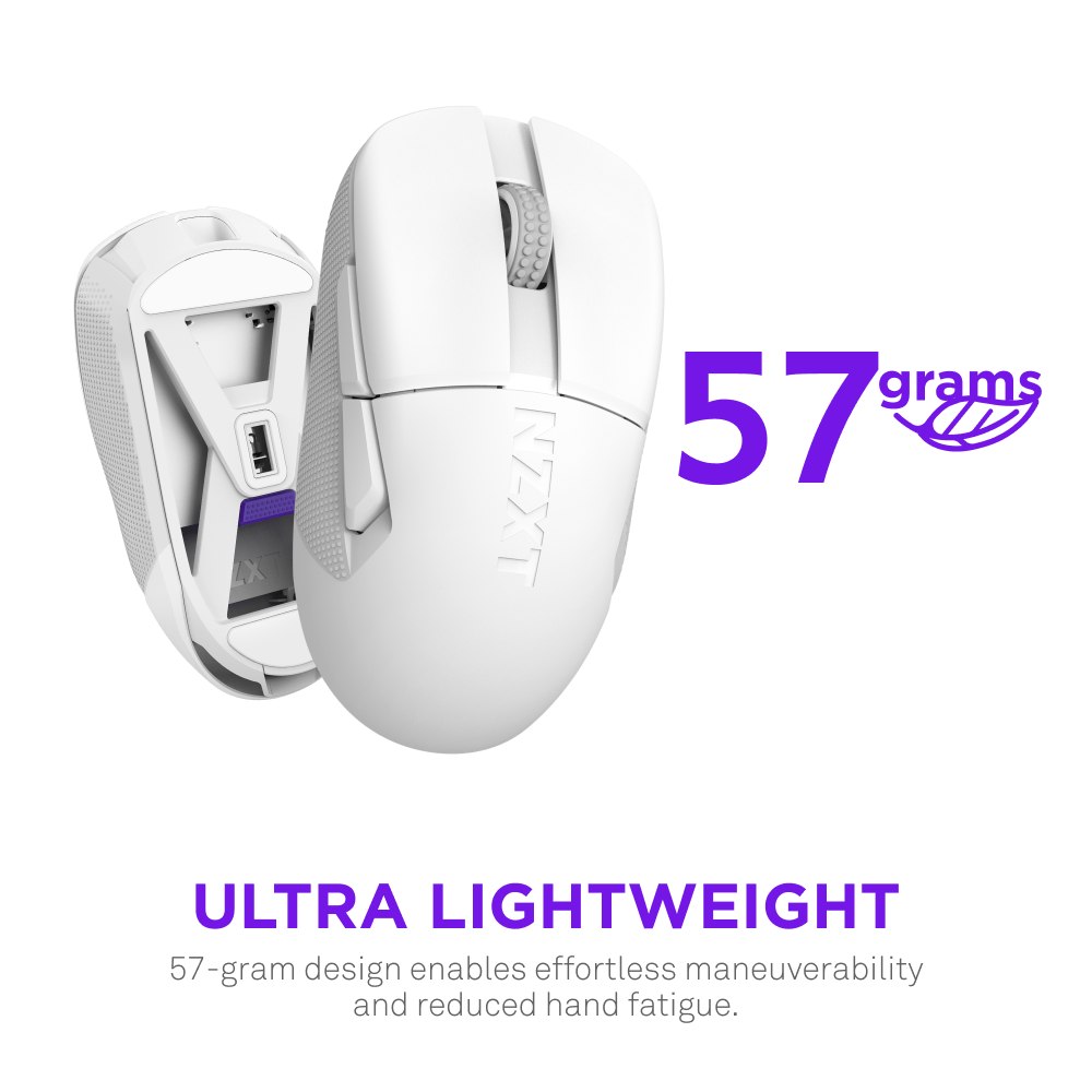 The NZXT Function Elite MiniTKL + Lift Elite Wireless, shown in white from top and bottom views with “57 grams” in purple text, features NZXT Magnetic Switches and an ultra-lightweight design for easy maneuverability and less hand fatigue.