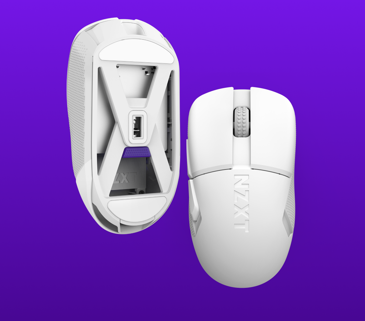 Two white gaming mice are shown on a purple background. One mouse is upright displaying the NZXT logo, while the other is flipped to show its open battery compartment and USB slot.
