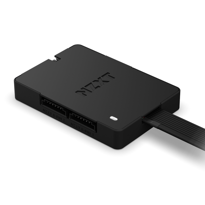 The NZXT Control Hub is a black rectangular device with labeled ports and a flat cable, featuring a small white indicator light in the corner for easy RGB lighting management.
