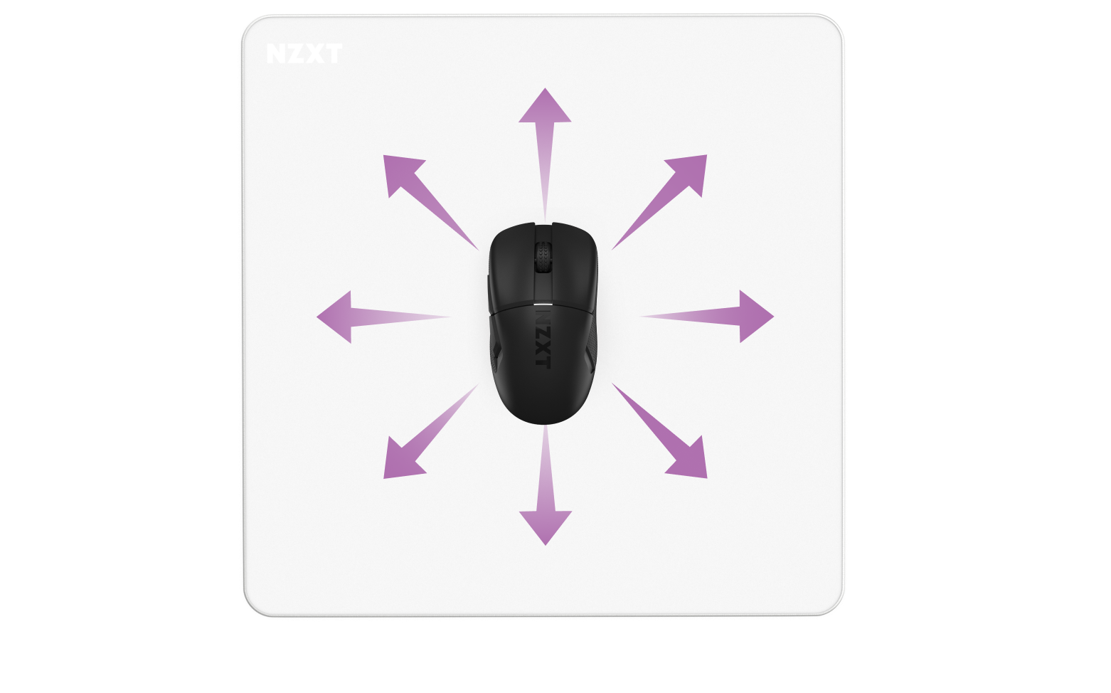 A black computer mouse sits on a white NZXT mousepad, with eight purple arrows pointing outward in all directions from the mouse, illustrating multi-directional movement.
