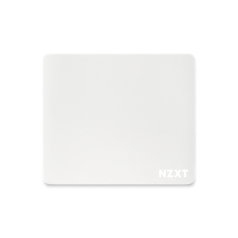 The NZXT MMP400 is a rectangular white mousepad with rounded corners and the NZXT logo in white on the bottom right. It features a low-friction surface and is displayed on a plain black background.