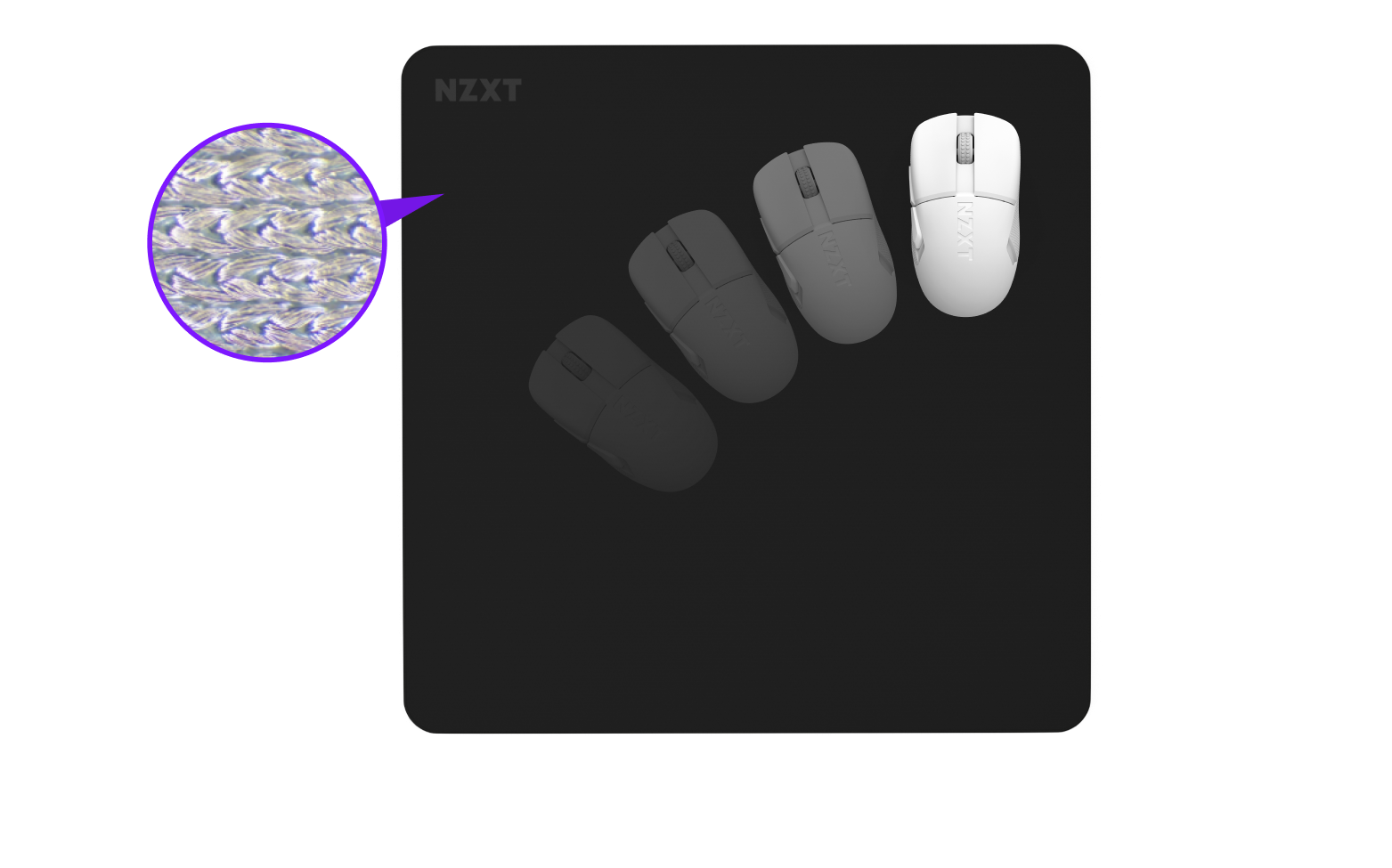 A black NZXT mouse pad displays four mice in a fading gradient from black to white. A purple magnifying circle highlights the close-up texture of the mouse pad surface.
