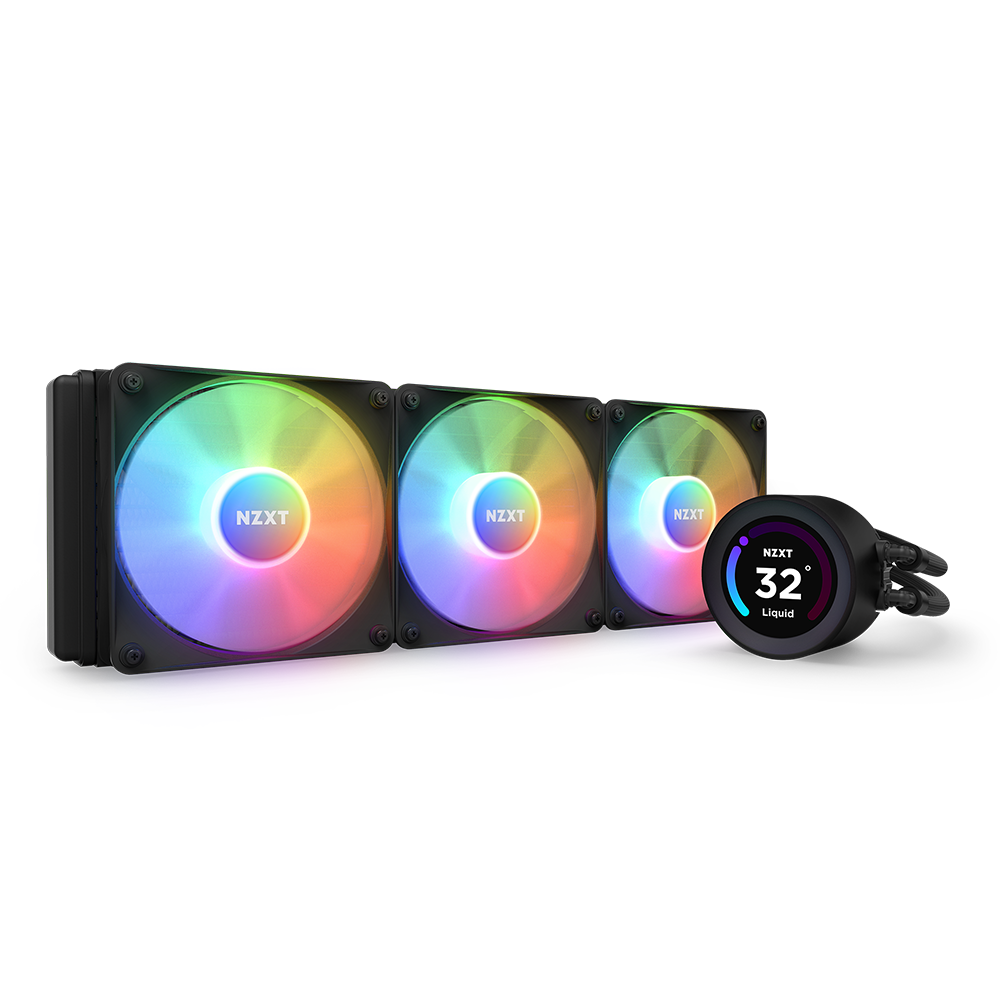 The NZXT Kraken 360 Elite RGB (2023) is a liquid CPU cooler with three large RGB fans and a circular display showing 32°C, featuring customizable lighting on both the fans and display.