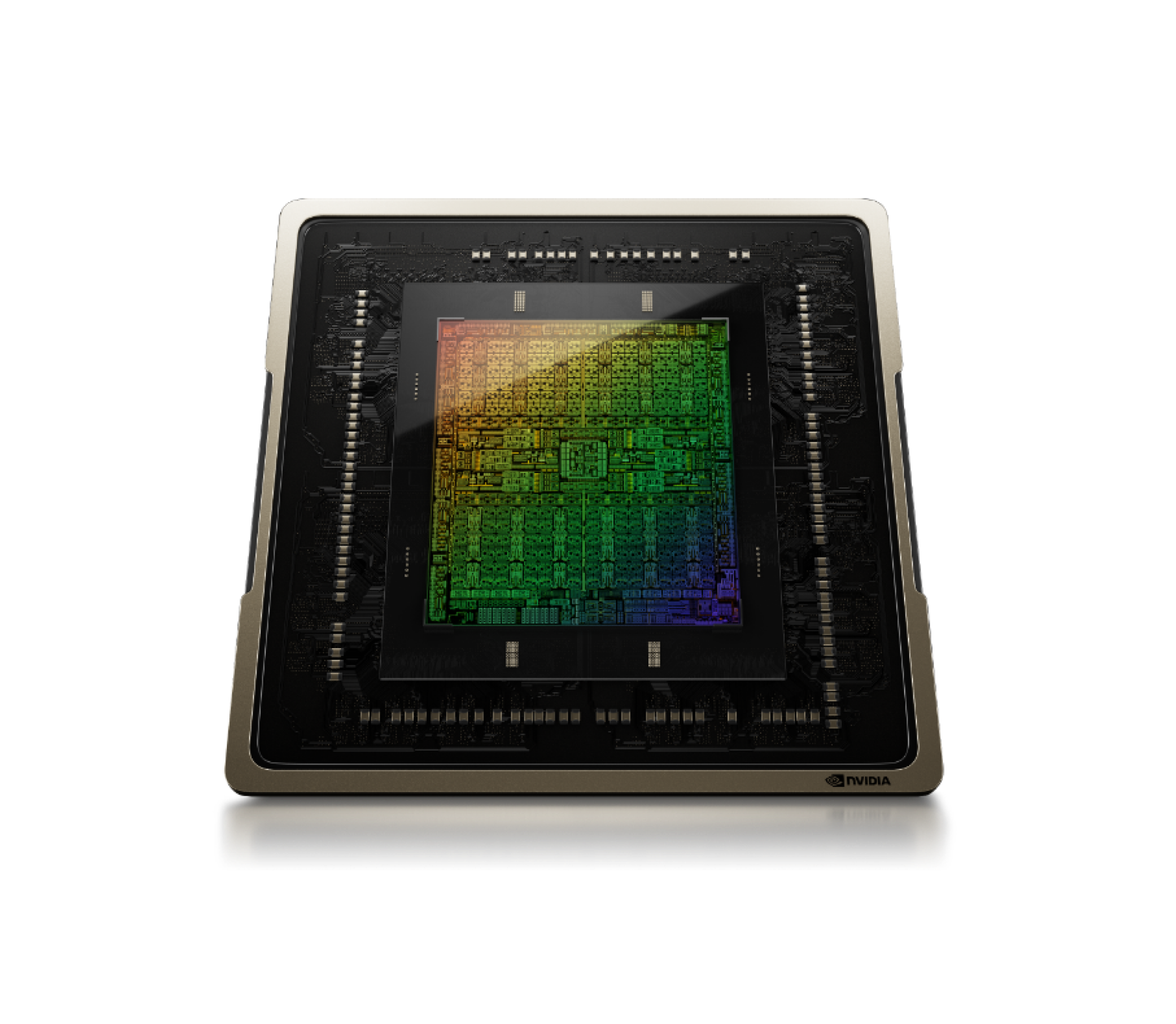 A close-up view of an Nvidia graphics processing chip, featuring a square black circuit with intricate patterns and a subtle rainbow reflection on its surface.