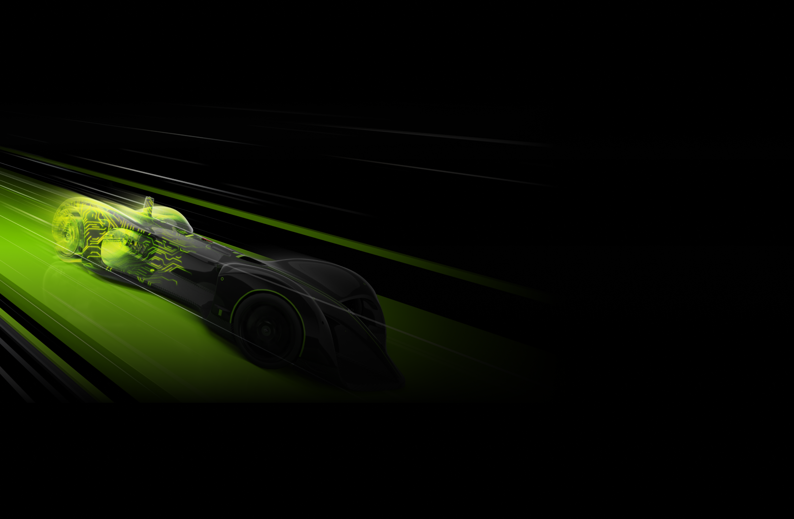 A sleek, futuristic race car outlined in neon green speeds forward on a dark background with dynamic green light trails, emphasizing motion and advanced technology.