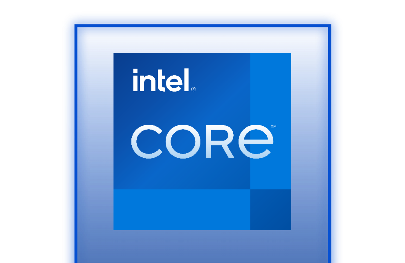 Intel Core logo on a blue background featuring the word intel in lowercase and CORE in uppercase with a geometric block design.