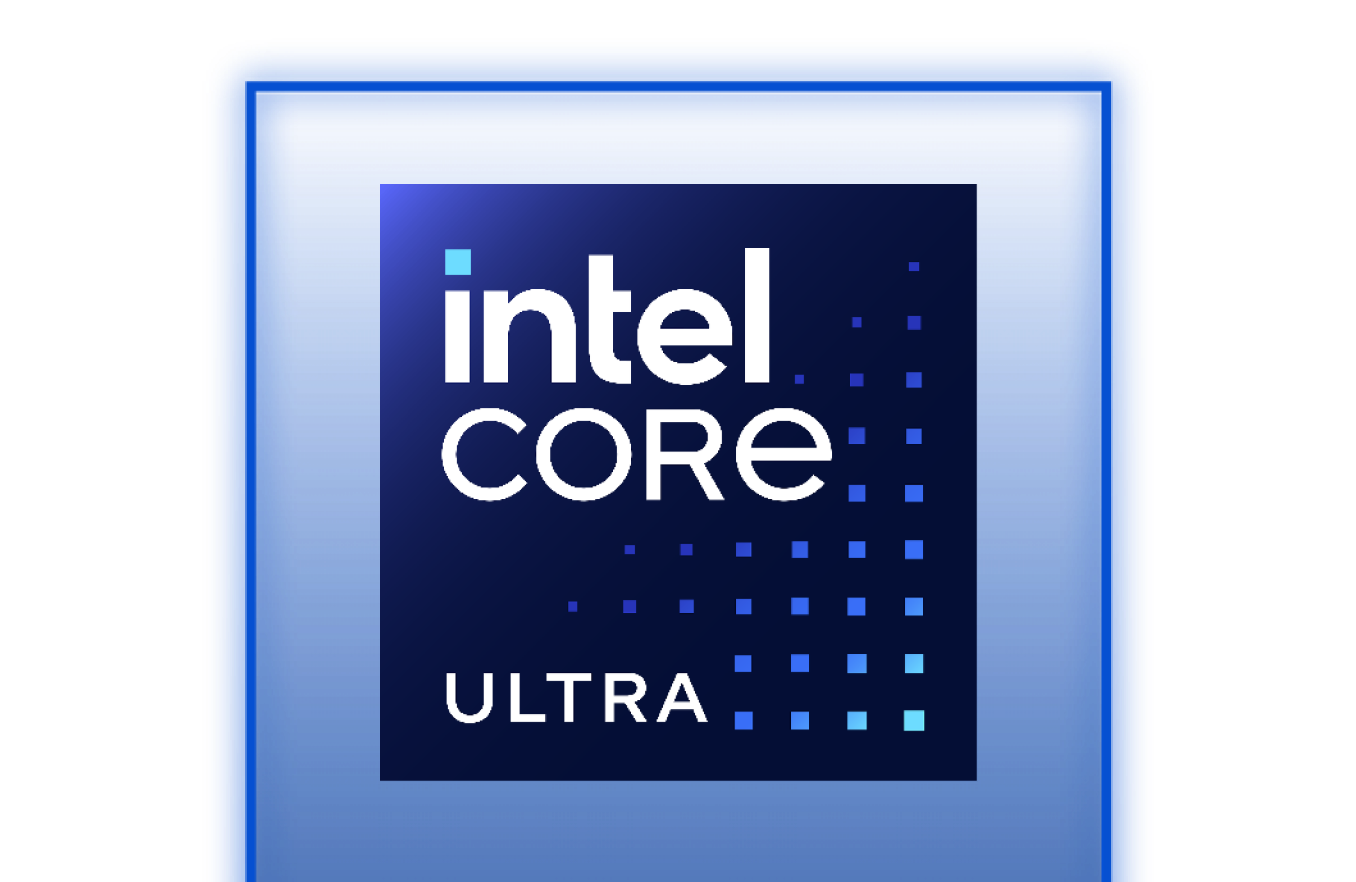 A blue rectangular badge featuring the Intel Core Ultra logo, with intel CORE in white and ULTRA below, surrounded by a pattern of small blue squares on a dark blue background.