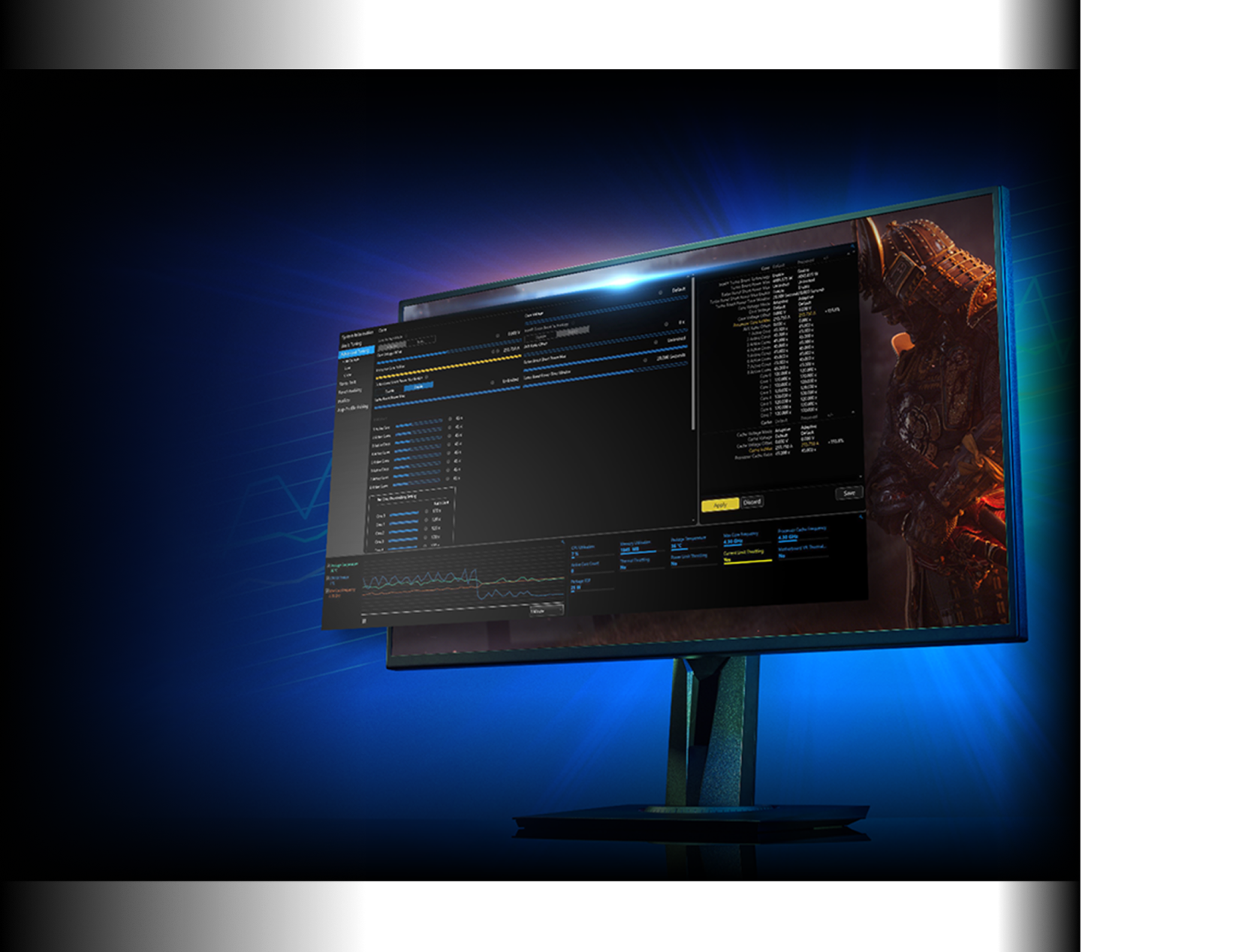 A computer monitor displays system performance statistics and a settings menu, with an armored character from a video game partially visible on the screen, set against a blue, glowing background.