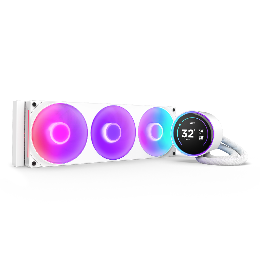 An NZXT Kraken Elite 360 RGB liquid CPU cooler in white, with three RGB fans glowing pink, purple, and blue, rests beside a circular NZXT pump head with an RGB screen showing temperature and stats. A white braided tube connects cooler to pump.