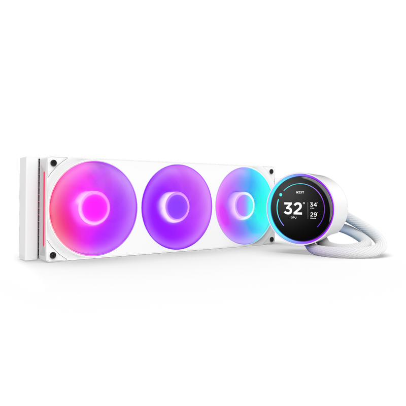 An NZXT Kraken Elite 360 RGB liquid CPU cooler in white, with three RGB fans glowing pink, purple, and blue, rests beside a circular NZXT pump head with an RGB screen showing temperature and stats. A white braided tube connects cooler to pump.