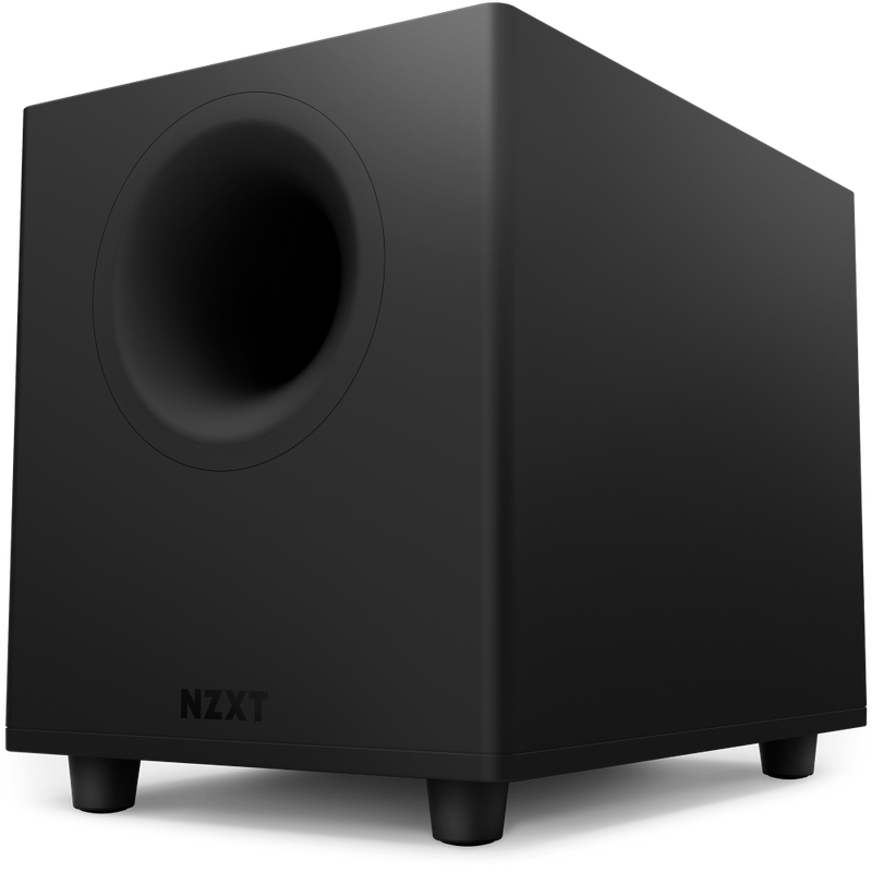 The NZXT Relay Subwoofer, in black, features a rounded front opening, four small feet, and a down-firing woofer for deep bass. Shown from a low front angle against a transparent background.