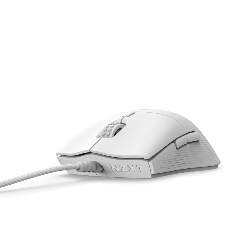 The NZXT Lift 2 Symm is a white wired computer mouse with the NZXT logo, side buttons, textured scroll wheel, and a precise 26,000 DPI sensor, shown on a plain white background.